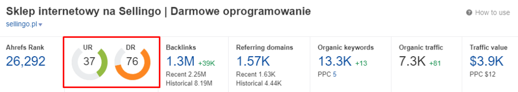 URL oraz Domain Rating Sellingo.pl