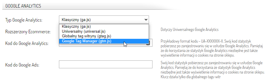  Integracje → Google → Typ Google Analytics → Google Tag Manager
Sellingo.pl