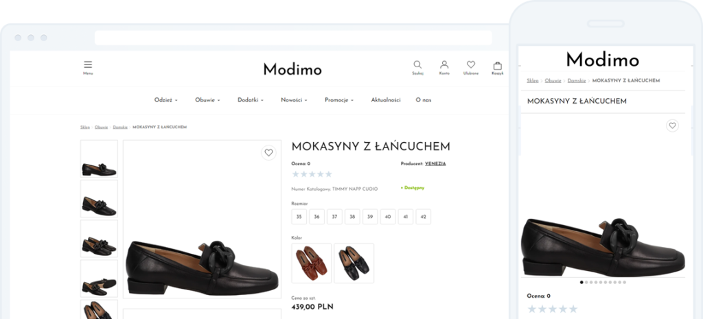 Szablon graficzny dla sklepu internetowego Modimo działa szybko i intuicyjnie również na urządzeniach mobilnych.